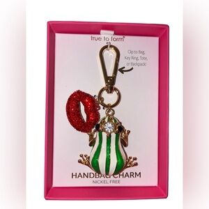 TRUE TO FORM Striped Frog and Red Crystal Lips Keychain or Bag Charm NEW NWT